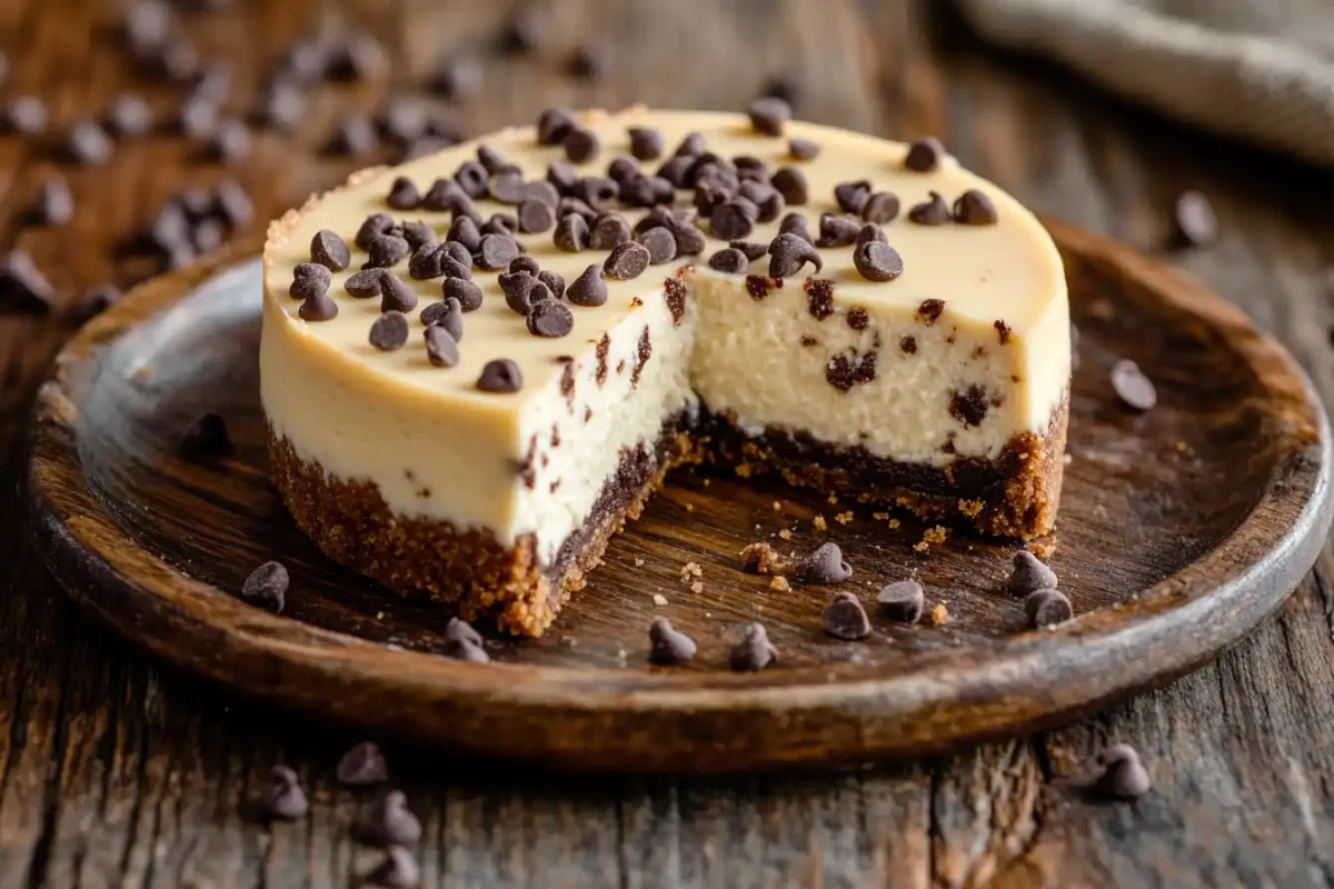 A creamy mini chocolate chip cheesecake with a cookie crust on a wooden plate.