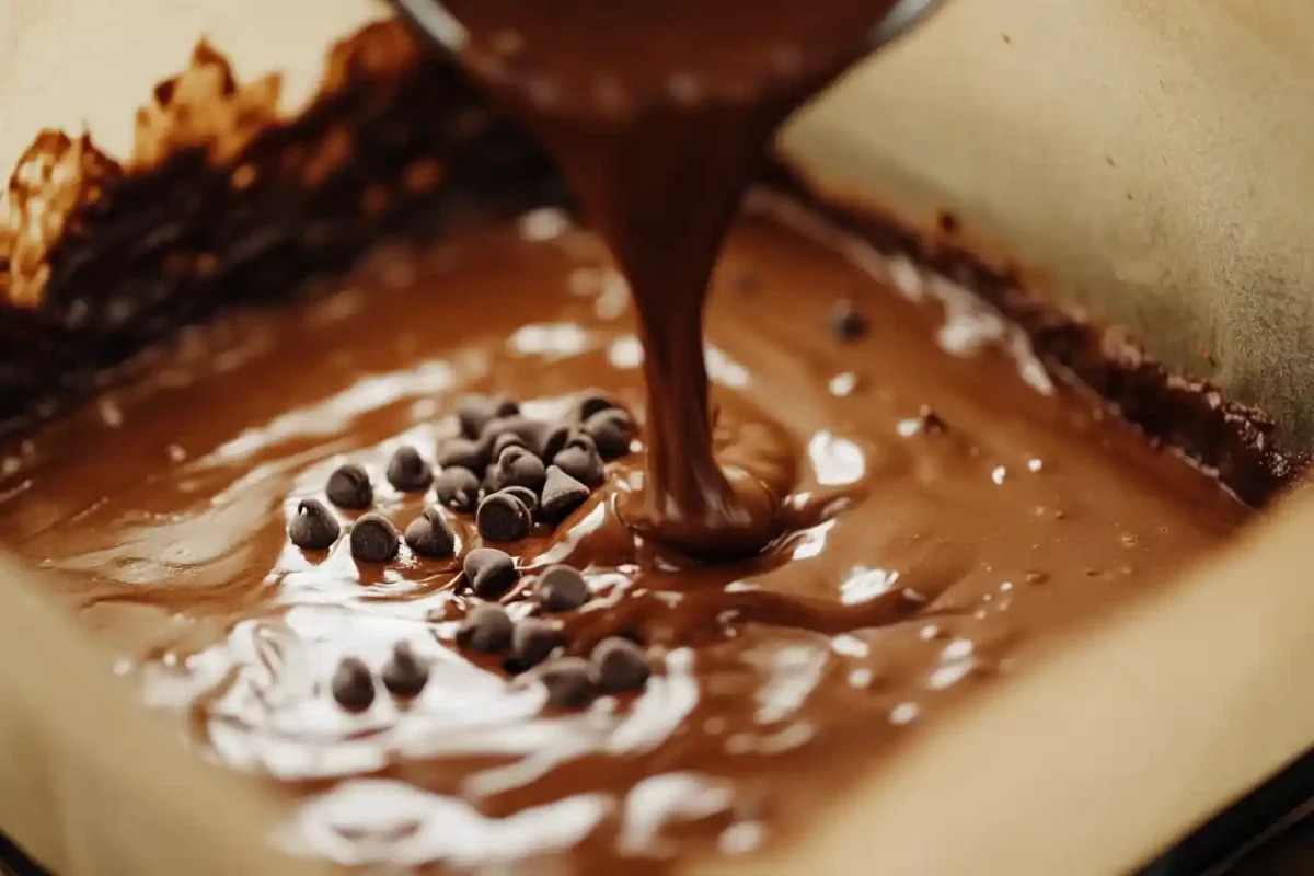 Pouring chocolate and banana brownie batter into baking dish