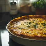 A freshly baked tortilla quiche in a baking dish with melted cheese and herbs.