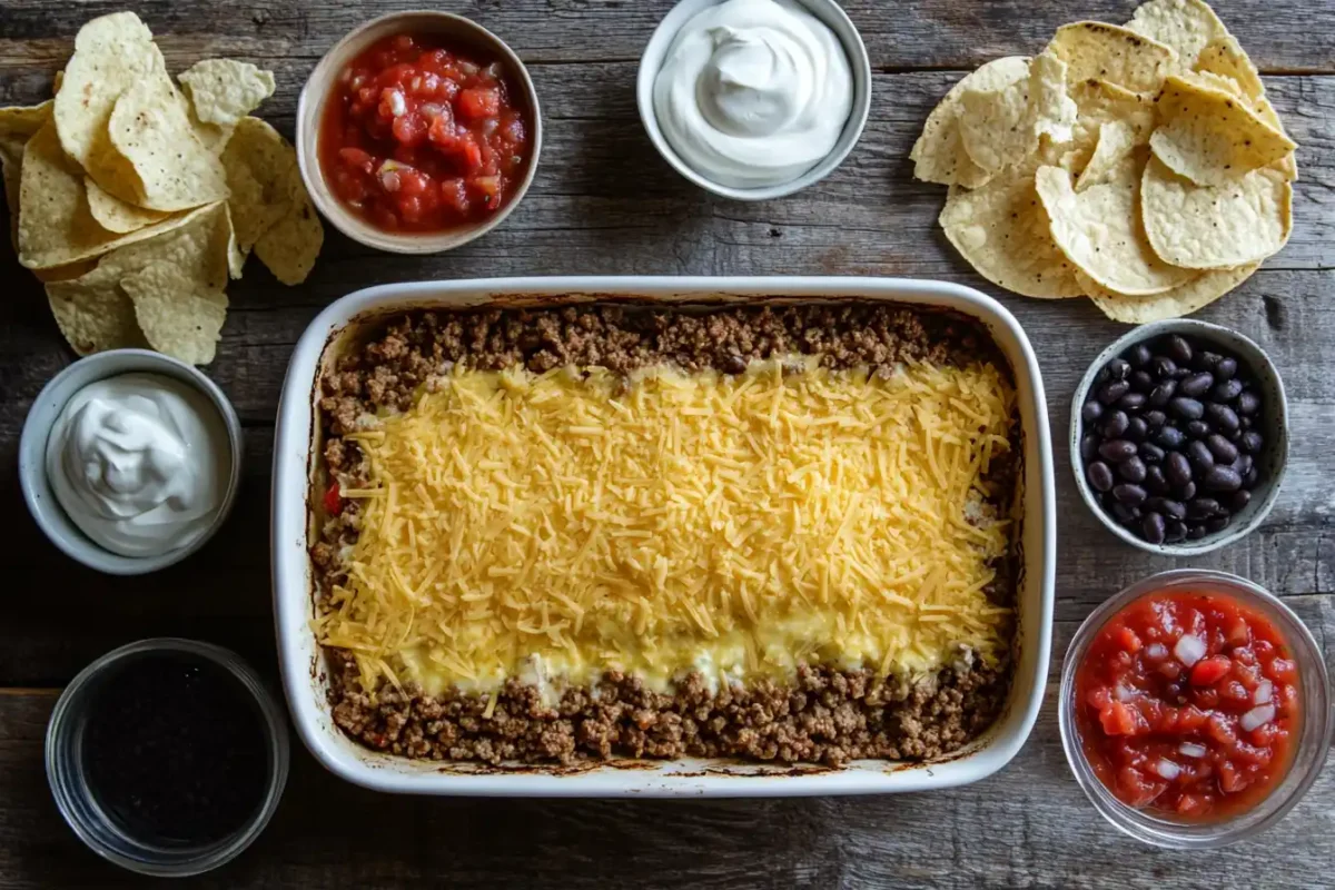 Taco lasagna ingredients displayed on a wooden table before preparation.