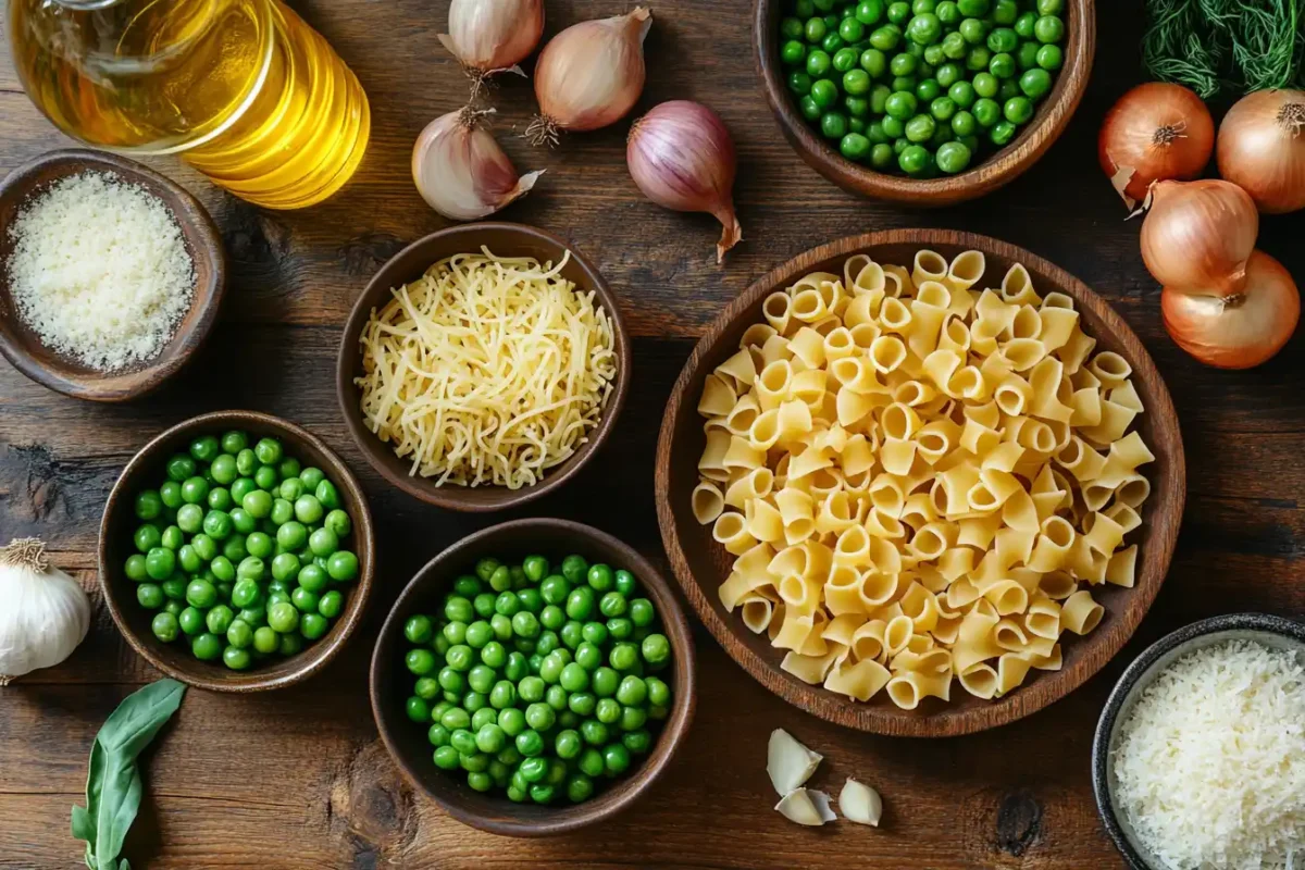 Pasta and peas ingredients displayed on a wooden table before cooking.