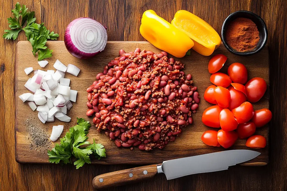 Fresh ingredients for Wendy’s chili recipe arranged on a wooden countertop.