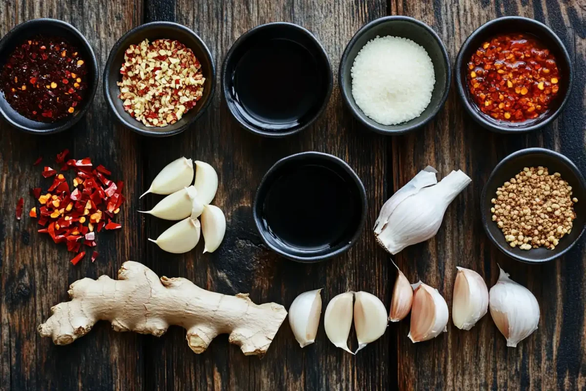 Soy sauce, garlic, ginger, and spices for stir-fry sauce