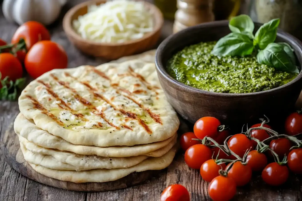 Fresh ingredients including flatbread pesto chicken mozzarella and cherry tomatoes