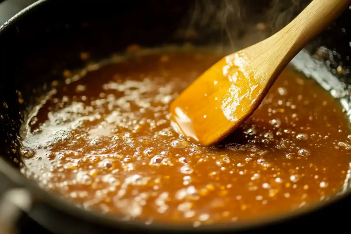 A skillet with a deep golden-brown roux being stirred.