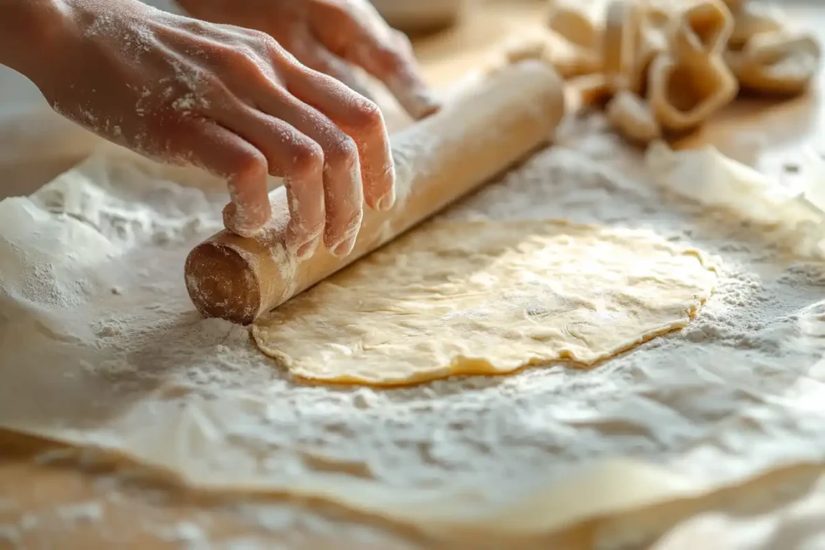 A person rolling out almond flour tortilla dough on a wooden surface.