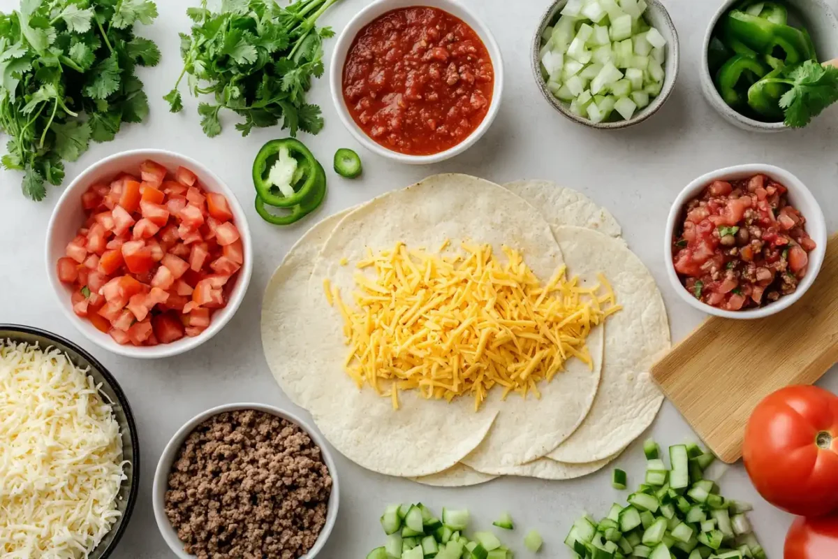 Ingredients for taco lasagna including tortillas, beef, cheese, and salsa.