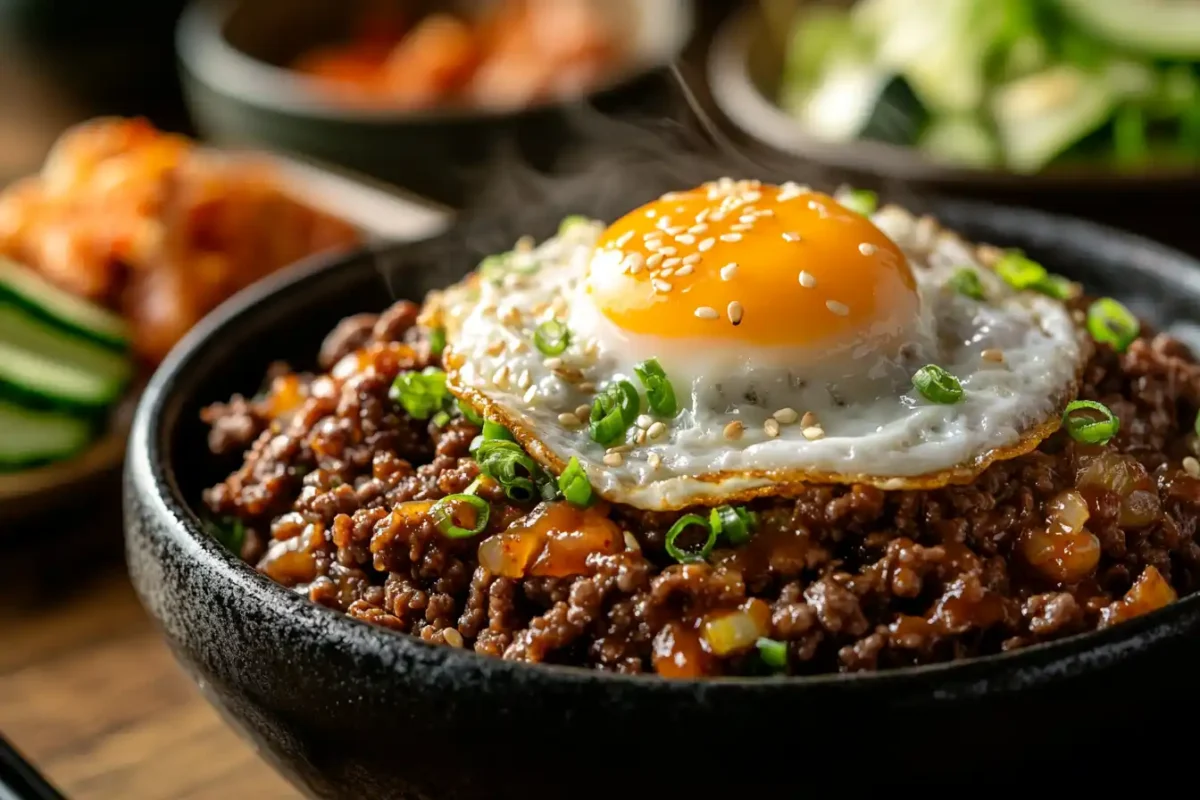 A serving of Korean ground beef rice topped with a fried egg