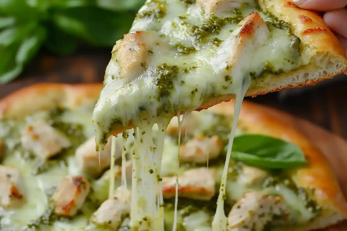 A slice of Pesto Flatbread Chicken Pizza being lifted with melted cheese stretching