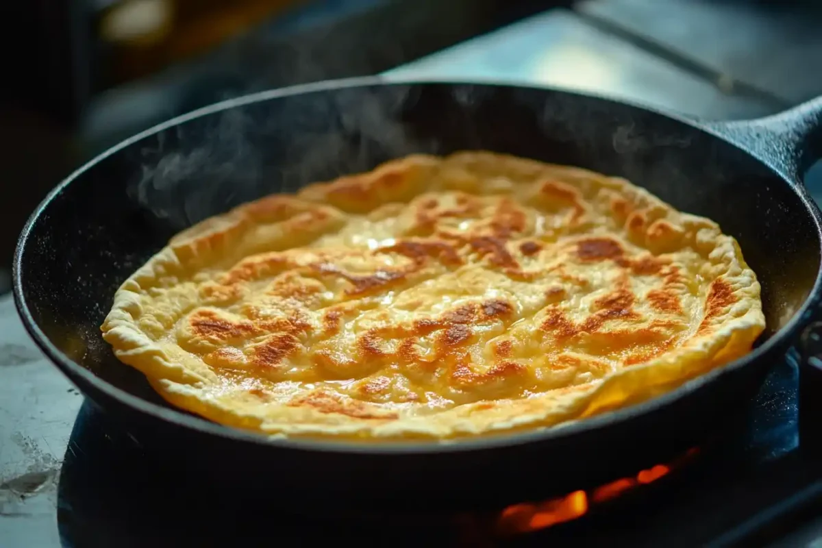 A flour tortilla cooking on a hot cast-iron skillet, forming golden brown spots