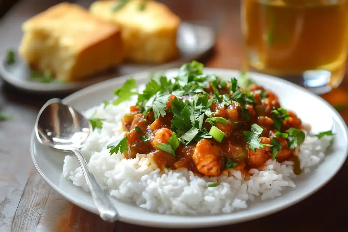 A plate of Louisiana Crawfish Étouffée with a side of cornbread.