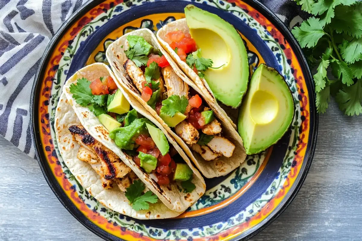 A taco made with almond flour tortillas, filled with chicken and avocado.