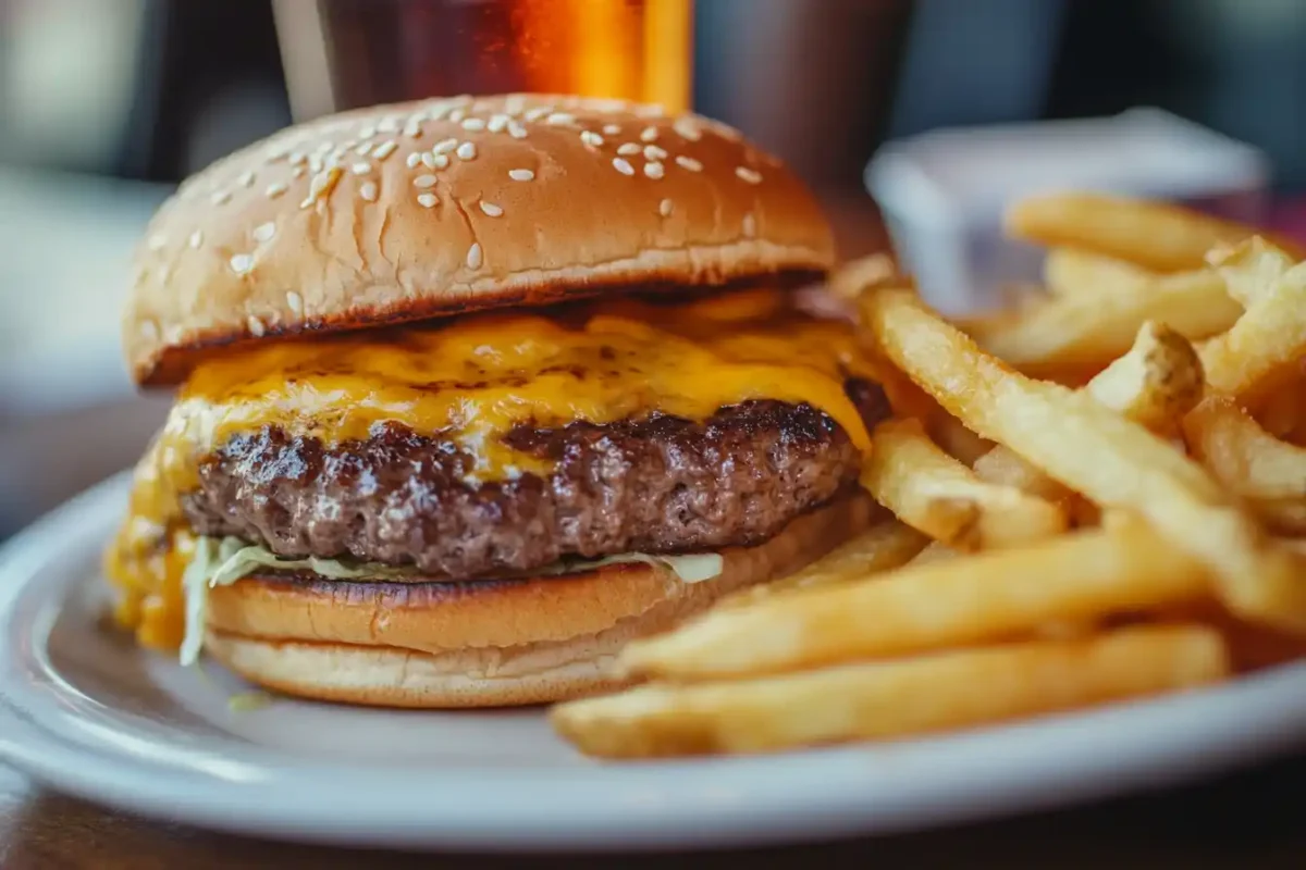 A juicy cheeseburger with fries and a soda on the side