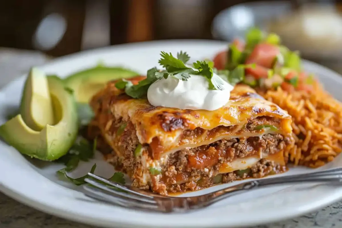 A slice of taco lasagna served with sour cream and avocado.