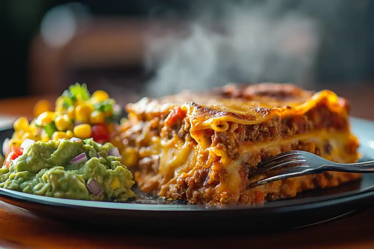 A delicious slice of taco lasagna being lifted from the plate, cheese stretching.