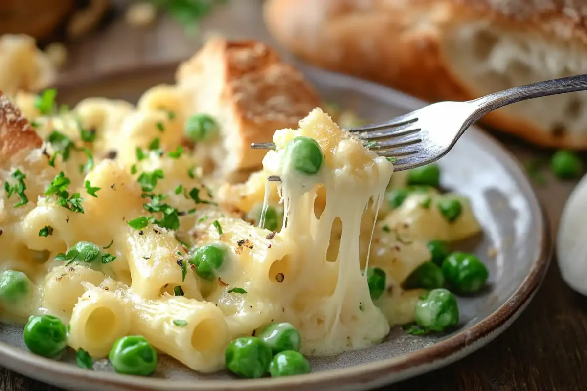 A forkful of pasta and peas lifted from a creamy bowl, cheese stretching.