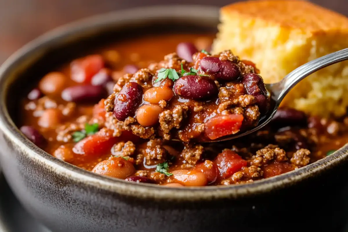 A spoonful of thick, hearty Wendy’s chili lifted from a bowl.