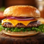 A juicy cheeseburger with melted cheese and fresh toppings