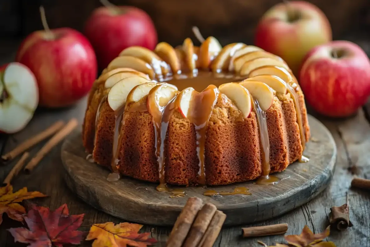 A moist Apple Pound Cake with caramel glaze on a rustic wooden table