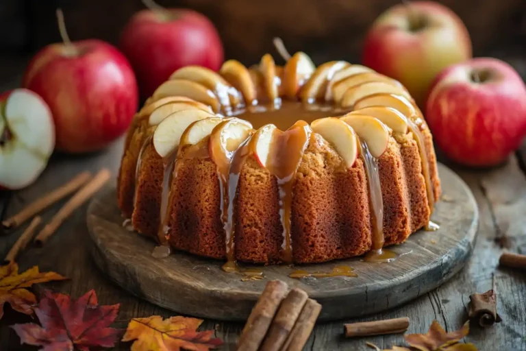 A moist Apple Pound Cake with caramel glaze on a rustic wooden table