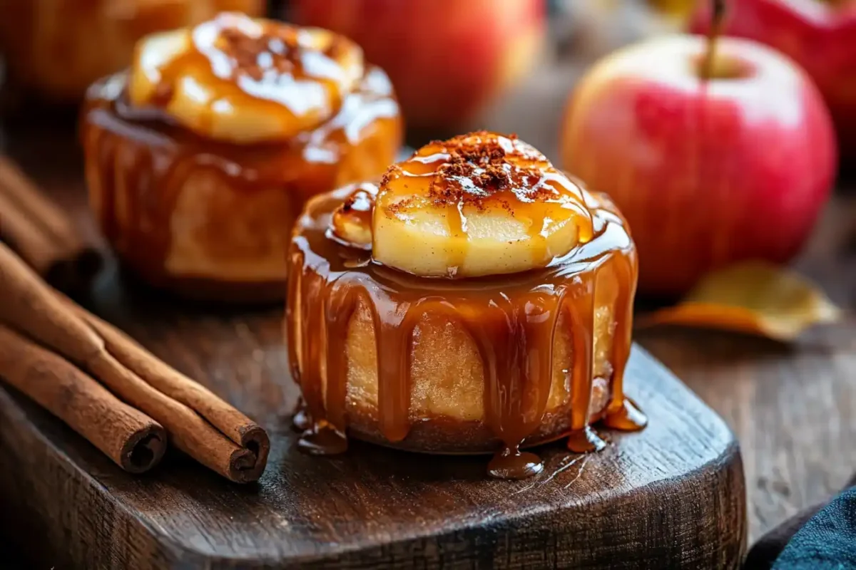 Caramel Apple Dessert Cups drizzled with caramel on a wooden tray