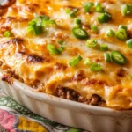 Freshly baked taco lasagna with melted cheese, tortillas, and beef.