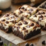 Brownie squares with cheesecake and chocolate chip topping