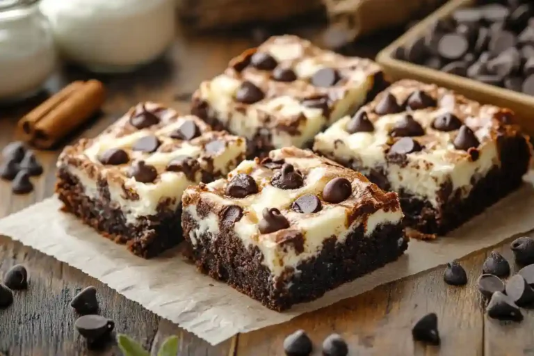 Brownie squares with cheesecake and chocolate chip topping