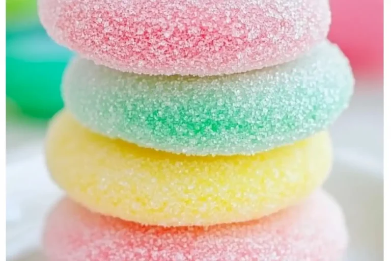 A stack of pastel sugar-coated Jello cookies in Easter colors