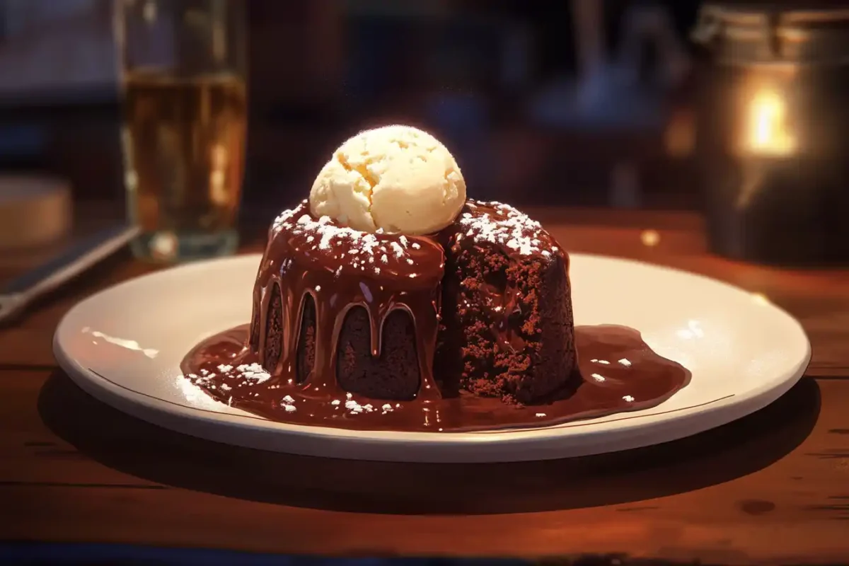 Chocolate Lava Cake with molten center and vanilla ice cream.