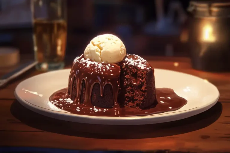 Chocolate Lava Cake with molten center and vanilla ice cream.