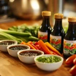 Homemade stir-fry sauces with fresh ingredients in a kitchen