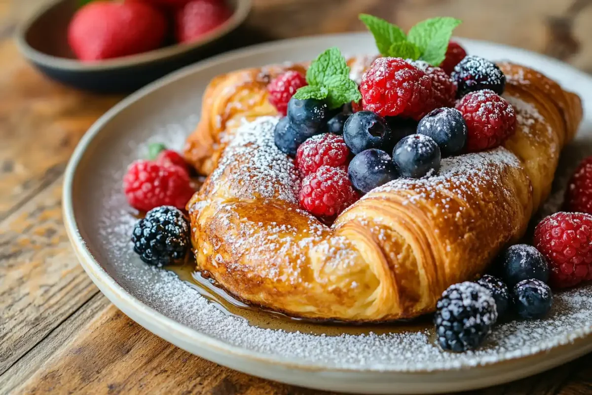 A plate of buttery croissant French toast topped with fresh berries and syrup