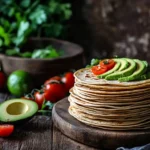A stack of freshly made almond flour tortillas on a wooden table.