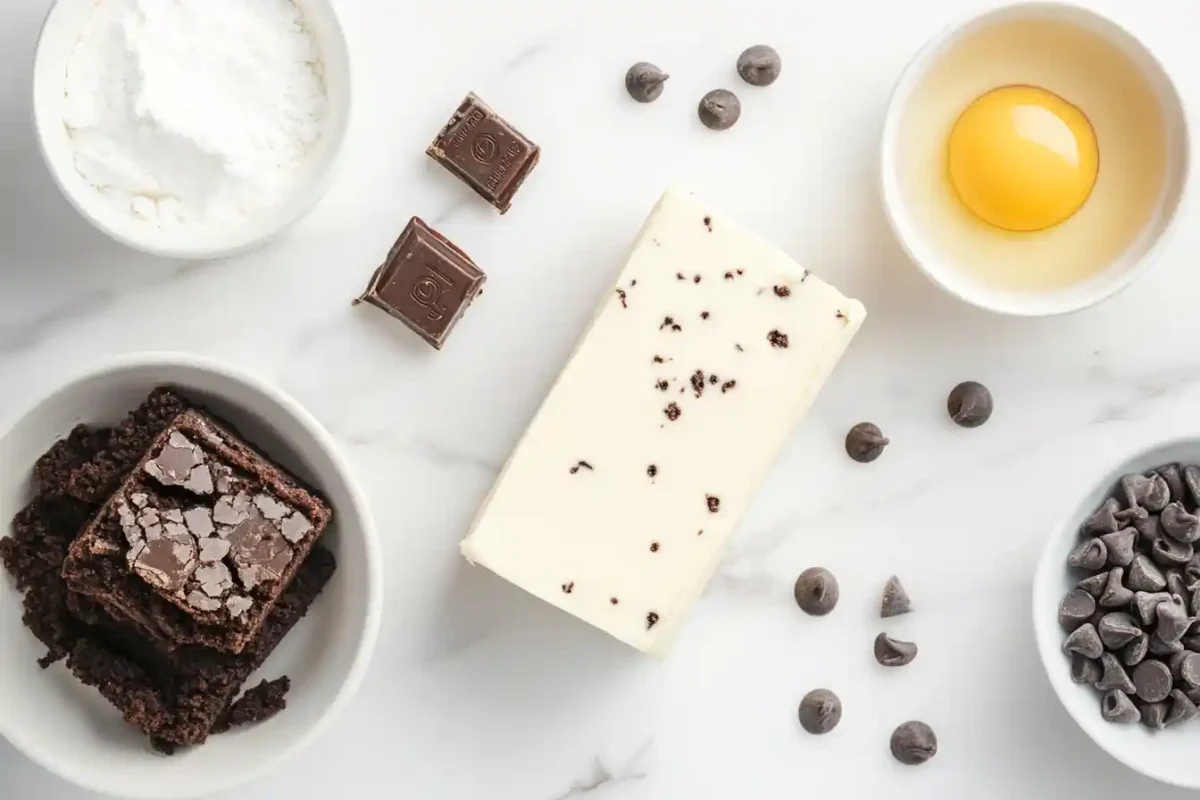 All ingredients needed to make chocolate chip cheesecake brownies