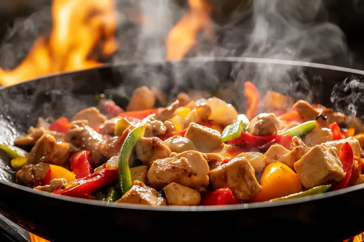 A wok filled with stir-fried vegetables and chicken in homemade sauce