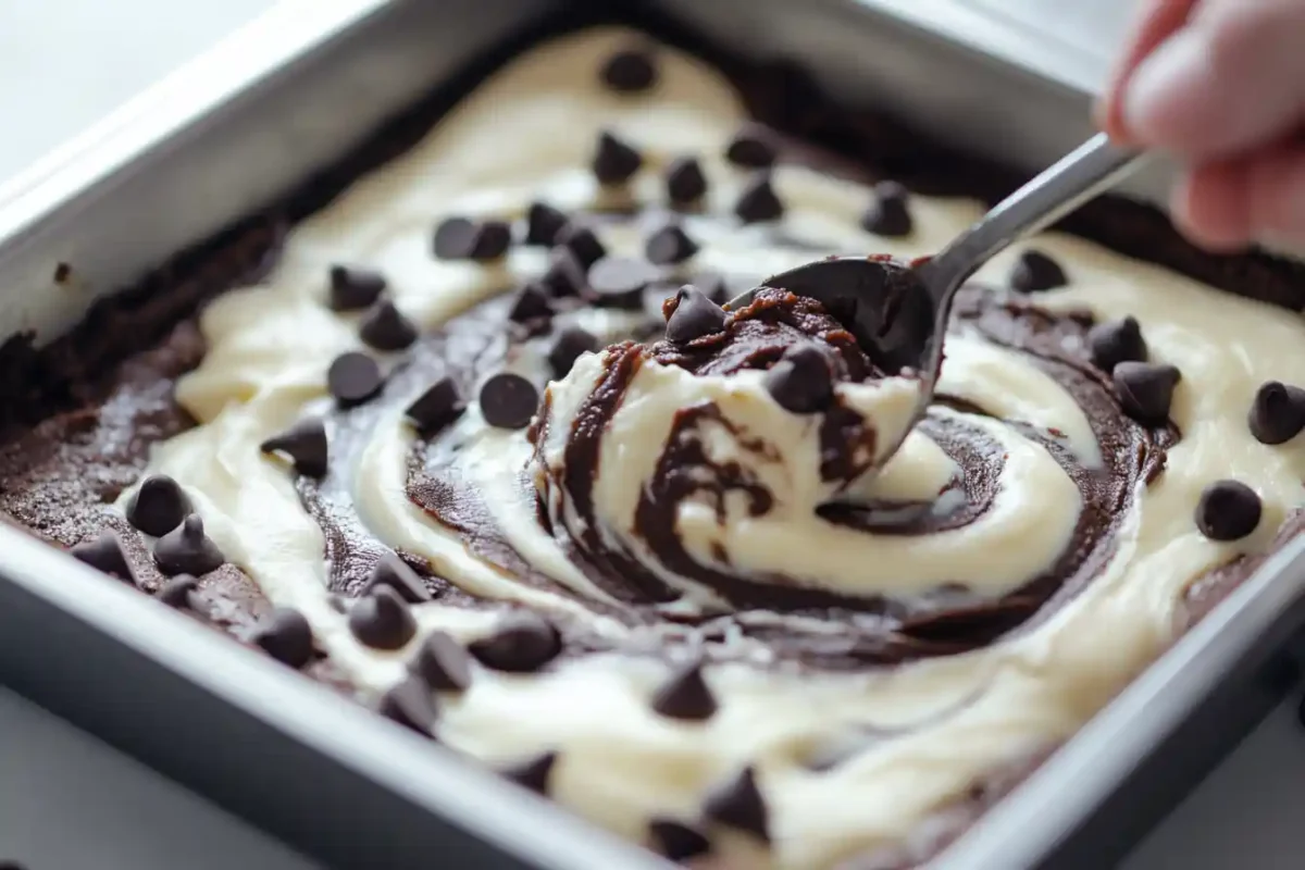 Hand swirling cheesecake mixture into chocolate brownie batter