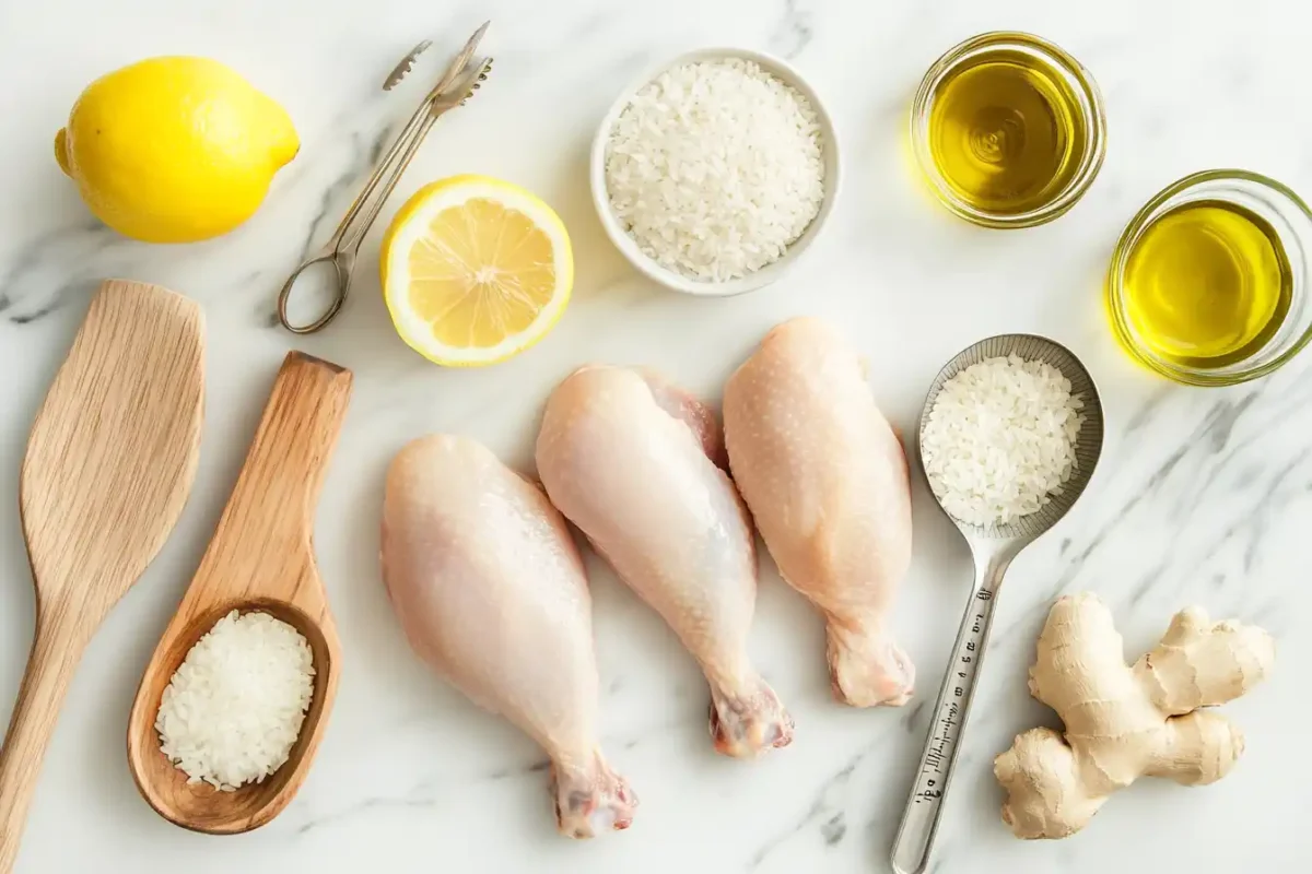Uncooked ingredients for lemon ginger chicken rice recipe