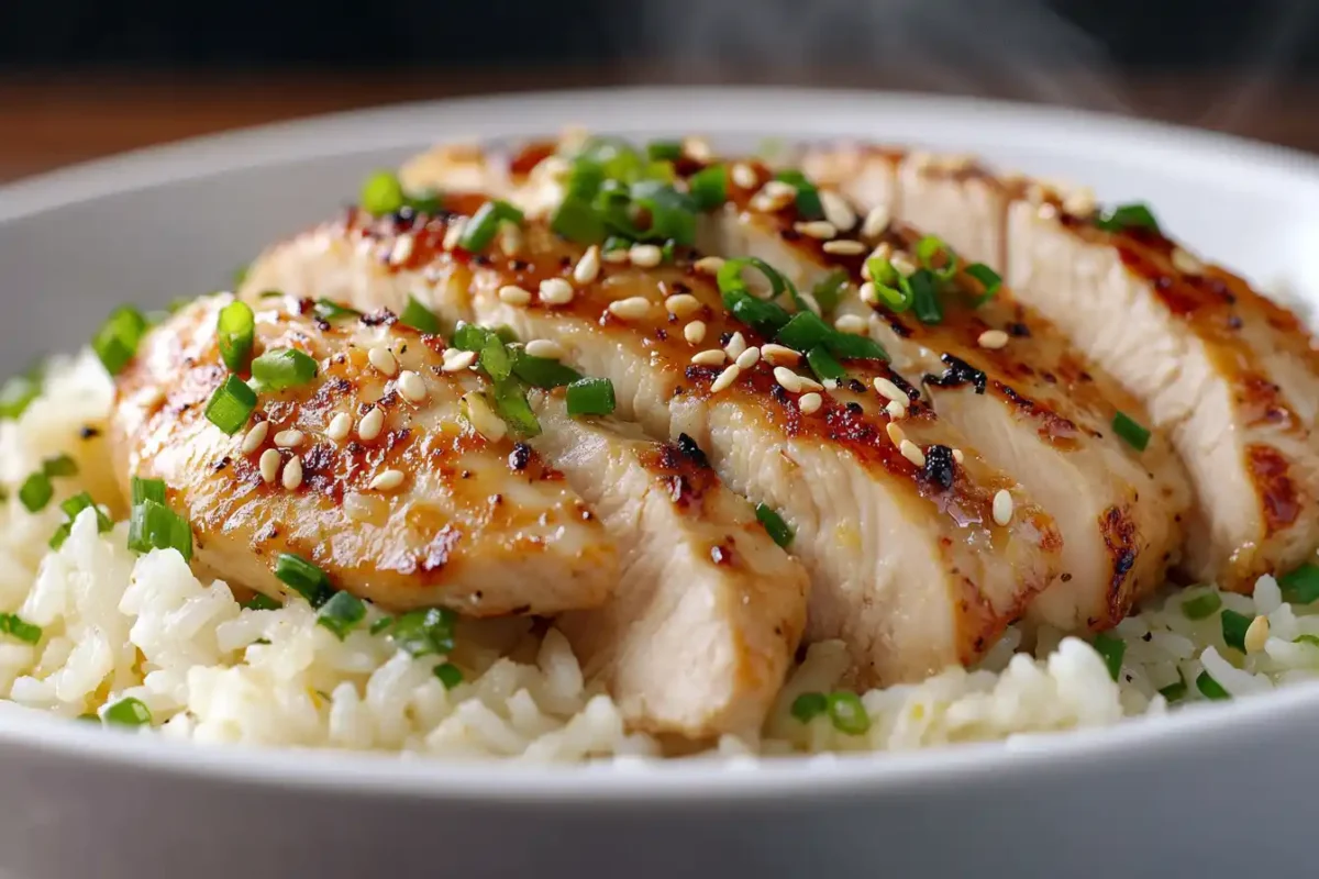Hot lemon ginger chicken rice bowl ready to serve