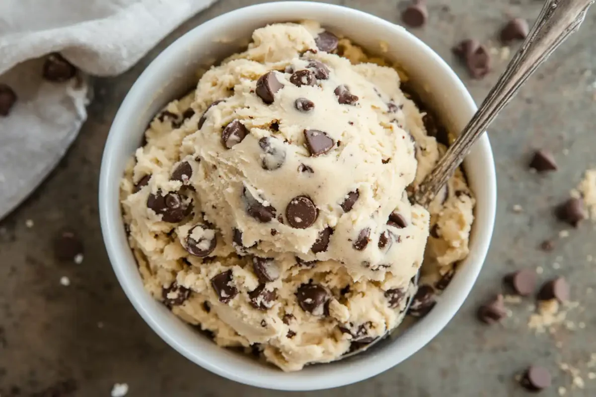 Edible cookie dough in a bowl with chocolate chips