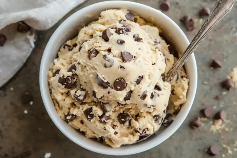 Edible cookie dough in a bowl with chocolate chips