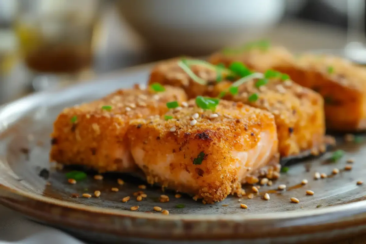 Freshly made Crispy Bang Bang Salmon Bites served on a rustic plate
