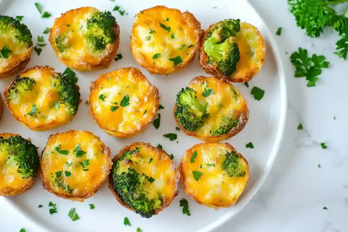 Golden Broccoli and Cheddar Bites served with herbs