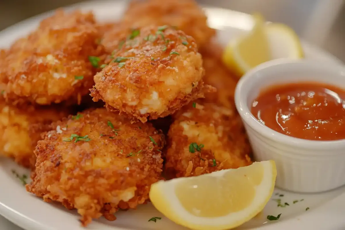 Frozen crab cakes air fried until golden with dipping sauce