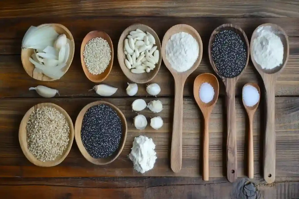 ingredients for everything bagel recipe including sesame, garlic, onion, and flour