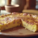 Freshly made ham and cheese omelette recipe served on rustic plate