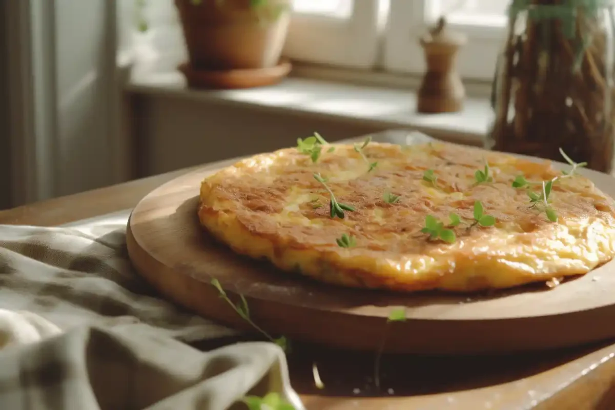 Freshly made healthy omelette recipe on rustic plate in cozy kitchen