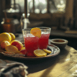 Freshly made strawberry lemonade with lemons on a rustic kitchen table