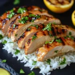 Lemon Ginger Chicken served with rice on slate plate