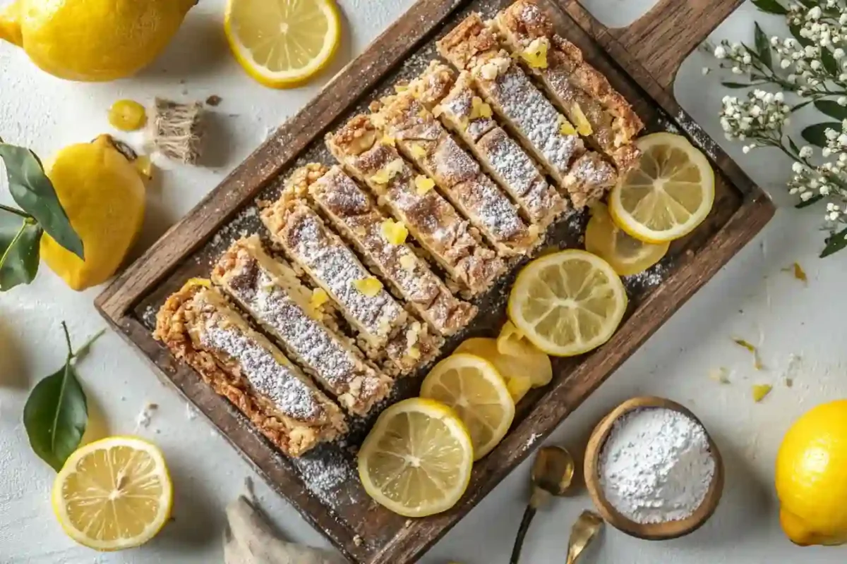 Lemon Cheesecake Bars with powdered sugar and lemon slices